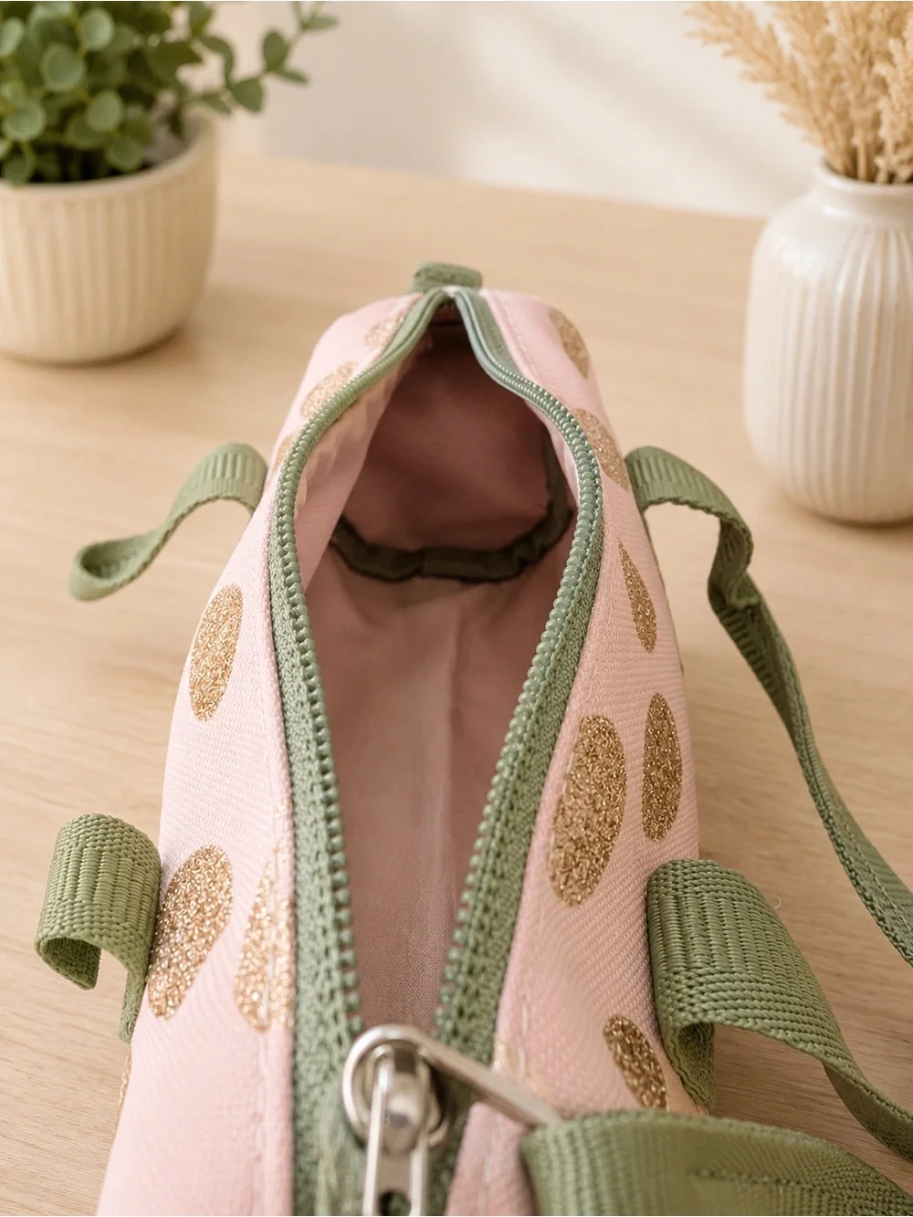Pottery Barn Kids Pink Backpack Set with Gold Polka Dots and Olive Trim